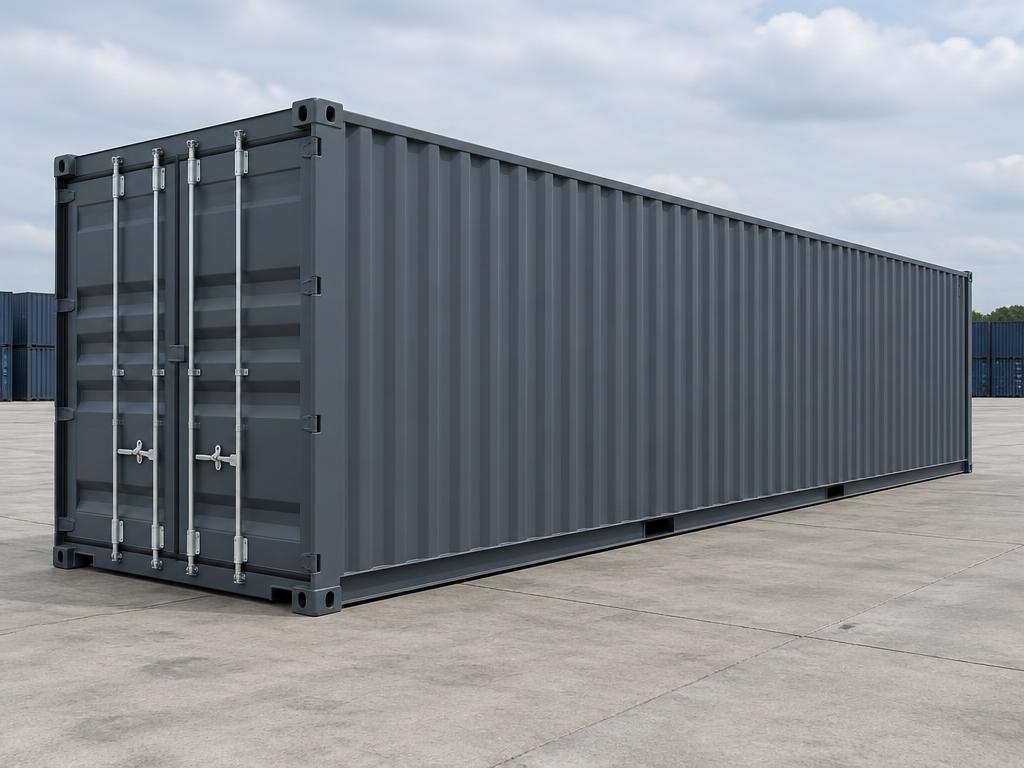 Gray 40-foot standard shipping container on a concrete depot yard