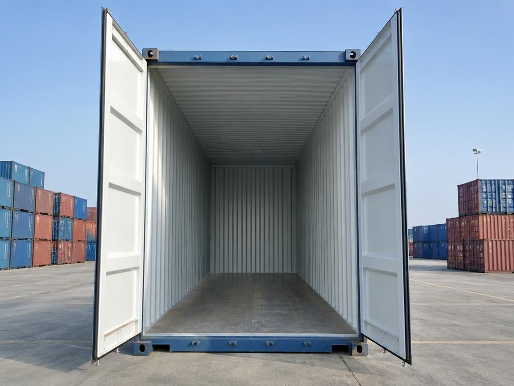 40-foot high-cube shipping container with doors open showing a tall interior